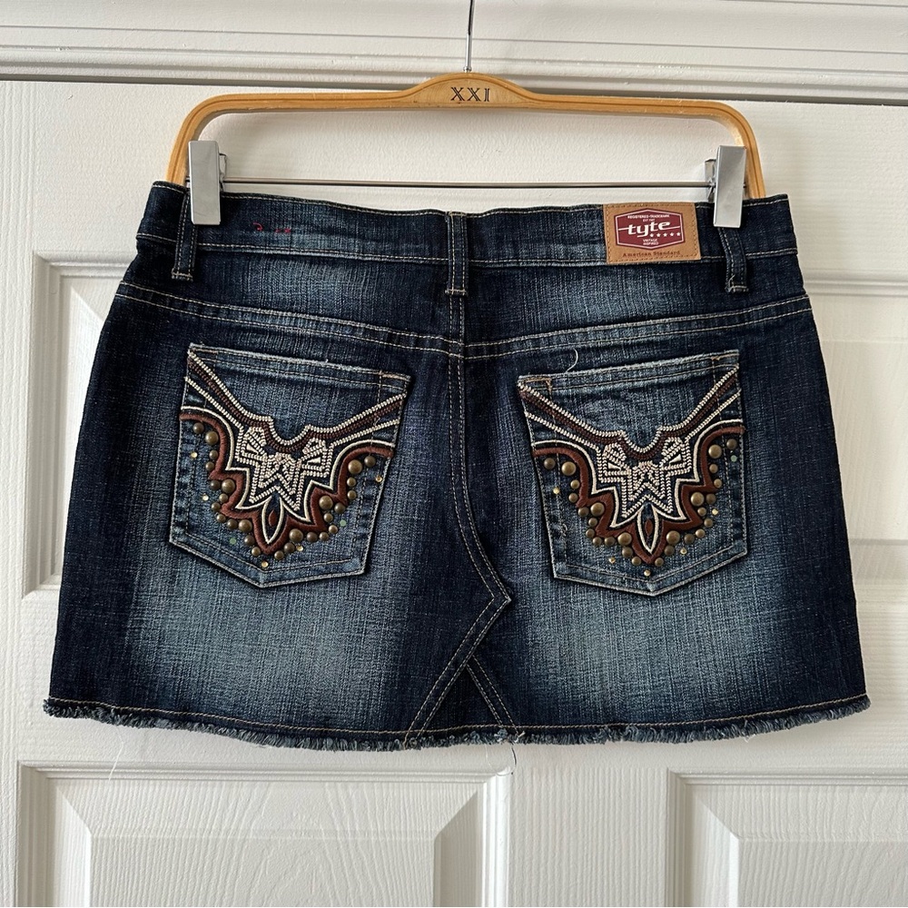 Vintage Tyte Jeans Denim Mini Skirt Embroidered Brown Grunge Punk Dark Wash Blue